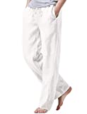 iWoo Pants with Elastic Waist Men Beach Linen Pants Drawstring Linen Pants White M