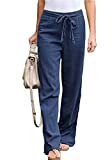 LAJIOJIO Womens Casual Cotton Linen Pants High Waisted Wide Leg Drawstring Beach Trousers Loose Palazzo Pants Navy