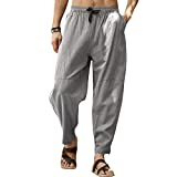 MorwenVeo Men's Cotton Linen Pants Drawstring Elastic Waist Yoga Beach Pants Casual Lightweight Hippie Trousers Grey