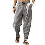 Beotyshow Mens Linen Drawstring Pants Loose Fit Casual Beach Pants Elastic Waist Lightweight Yoga Lounge Pants with Pockets Grey