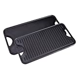 Victoria Rectangular Cast Iron Double Burner, Reversible Griddle Grill Seasoned with 100% Kosher Certified Non-GMO Flaxseed Oil, 18.5 x 10 Inch, Black