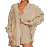 Women's 2 Piece Casual Tracksuit Outfit Sets Long Sleeve Button-Down Shirt Loose High Waisted Shorts Set (Light Green-A, S)