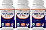 3 Pack - Vitamatic Folic Acid 5mg (5000 mcg) - 120 Vegetarian Tablets - (Vitamin B9 Folate) (Total 360 Tablets)