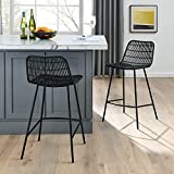 DERCASS Set of 2 Rattan Counter Stool, Natural Rattan Indoor Bar Chair with Black Finish Steel Legs for Kitchen (Black)