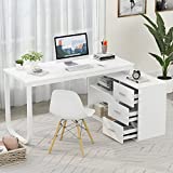 FAMAPY Home Office Desk L-Shaped Desk with Drawers & Shelves, Wood Corner Desk Computer Desk for Home Bedroom White (55.1W x 41.3D x 29.5H)