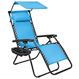 Best Choice Products Folding Zero Gravity Outdoor Recliner Patio Lounge Chair w/Adjustable Canopy Shade, Headrest, Side Accessory Tray, Textilene Mesh - Light Blue