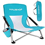 HAUSHOF Low Beach Chair, Mesh Back Folding Chair, Lightweight Low Seat Camping Chairs with Cup Holder, Carry Bag, Padded Armrest, for Outdoor Beach Lawn Camping Picnic Festival