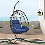 Olela Wicker Egg Swing Chair with Stand Indoor Outdoor ,Hanging Egg Chair with Cushion and Pillow,Basket Chair for Bedroom ,Living Room or Patio Garden (Black+Dark Blue)