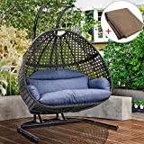 2 Person Swing Chair with Stand, X-Large Wicker Rattan Hanging Egg Chair Loveseat Chair with Cushion and Cover for Indoor Outdoor Bedroom Patio Garden