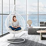 J.M.Deco Patio Swing Chair with Stand, Beige Cushion, Egg Chair with Support Frame, Hammock Chair Swing Wicker Plastic for Indoor, Outdoor, Garden, Backyard & Patio