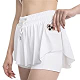 Butterfly Shorts, 2 in 1 Flowy Shorts for Women with Pocket Kiki kona Shorts Athletic Shorts Workout Running Tennis Skater Golf Cute High Waisted Spandex Shorts White(XS)