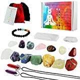 19Pcs Healing Crystals Stones Set Real Energy Crystals for Beginners, 7 Raw and 7 Tumbled Spiritual Chakra Stones, 1 Selenite Crystal, 1 Clear Crystal Column, 1 Lava Bracelet, 2 Agate Necklace