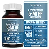 L Methyl Folate 15mg Plus Methyl B12 Cofactor - Professional Strength, Active 5-MTHF Form - Supports Mood, Homocysteine Methylation, Cognition (60 Capsules)