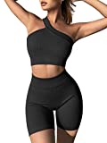 OQQ Workout Outfits for Women 2 Piece Ribbed Seamless High Waist Shorts with One Shoulder Crop Tops Exercise Set Black