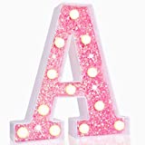 Pooqla LED Marquee Letter Lights, Light Up Pink Letters Glitter Alphabet Letter Sign Battery Powered for Night Light Birthday Party Wedding Girls Gifts Home Bar Christmas Decoration, Pink Letter A