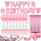 MOVINPE Pink Birthday Party Decoration, Happy Birthday Banner, Rose Gold Fringe Curtain, Foil Tablecloth, Heart Star Foil Confetti Balloons, 10g Table Confetti for Women Girl Birthday Party