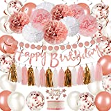 Rose Gold and Pink Birthday Party Decorations Set with Happy Birthday Banner,DIY Cake Topper,Circle Dots Garland,Hanging Swirls,Tissue Paper Pompoms,Paper Tassels Garland,Confetti Balloons for Man Women Birthday Party Decorations