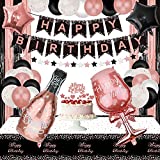 XJLANTTE Rose Gold and Black Party Decorations - Happy Birthday Banner, Balloons, Fringe Curtains, Tablecloth Cake Topper for 1st 16th 21st 30th 40th 50th Girls Supplies