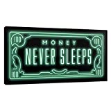 Office Artwork Wall Decor with Inspiring Quote - Money Never Sleeps Motivational Wall Art Modern Home Decor Green Kitchen Pictures 1 Panels Large Artwork for Wall Framed Ready to Hang-48"Wx24"H