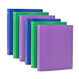 Blue Summit Supplies 3 Ring Plastic Binders, 1 Inch Light Flexible Plastic 3 Ring Binders, with Soft Cover and Pocket, Colored Blue, Green, and Purple Bendable Binders, Assorted Colors, 6-Pack