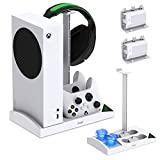 Cooling Stand for Xbox Series S Console with Controller Charging Station - Dual Powerful Cooling Fan & Controller Charger Dock with 2 x 1400mAh Rechargeable Batteries, Headset Holder for XSS, White