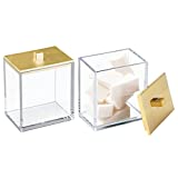 mDesign Plastic Square Apothecary Jar Storage Organizer Holder for Bathroom Vanity Countertop Shelf Decor - Cotton Swabs, Soap, Makeup, Bath Salts - Lumiere Collection - 2 Pack - Clear/Gold