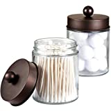 Apothecary Jars Bathroom Storage Organizer - Cute Qtip Dispenser Holder Vanity Canister Jar Glass with Lid for Cotton Swabs,Rounds,Bath Salts,Makeup Sponges,Hair Accessories/ Bronze (2 Pack)