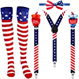 4 Pieces Patriotic Accessories Set, Include Red White and Blue Patriotic Y Back Suspender with Cups, American Flag Bowtie and Knee Socks for American Labor Day July 4th Party Celebration Party