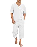 COOFANDY Men's 2 Pieces Linen Set Henley Shirt Short Sleeve and Harem Capri Pants Wide Leg Baggy Beach Yoga Trousers Outfits