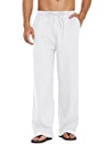 COOFANDY Mens Linen Loose Casual Lightweight Elastic Waist Yoga Beach Pants (M, 1- White)