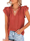 Dokotoo Womens 2022 Fashion V Neck Tie Top Boho Short Sleeve Plus Size Flowy Ruffle Work Blouses Juniors Loose Solid Tee Shirts Large Red