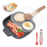 Egg Frying Pan, Fried Egg Pan With Lid Nonstick 3 Section Pancake Pan Divided Frying Grill Pan For Breakfast, Gas & Induction Compatible, 8.3 in
