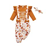 Autumn Winter Newborn Outfits Baby Girls Cute Long Sleeve Romper Bodysuit Top And Floral Long Pants Headband 3Pcs (A-Tan, 3-6 Months)