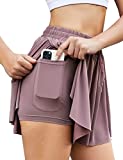 Bloggerlove Running Shorts for Women 2 in 1 Flowy Womens Sport Workout Shorts Mid Waist Drawstring Gym Athletic Shorts Tennis Skirts Pink Purple S