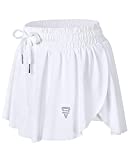 Wsirmet Women's 2-in-1 Double Layer Running Yoga Shorts Quick-Dry Drawstring Waist Flowy Hem Fitness Workout Athletic Shorts White