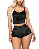 Springcmy Women's Velvet 2PCS Outfits Spaghetti Strap Crop Top and Shorts Pajama Sets (Black,L)