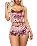 Top-Vigor Women's Velvet 2 Piece Outfit Sleeveless Spaghetti Strap Crop Top and Shorts Set Sweatsuit for Women