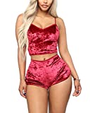 Women's Vintage Velvet 2 piece outfit Spaghetti Strap Crop Top and Shorts (S, Rosy Red)