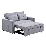 BOWERY HILL Light Gray Linen Fabric 3-in-1 Convertible Sleeper Loveseat with Side Pocket