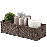 [Larger Compartments] Toilet Tank Topper Paper Basket - Multiuse Hand Woven Plastic Wicker Basket with Divider for Organizing, Rustic Farmhouse Bathroom Decor, Countertop Organizer Storage, Brown