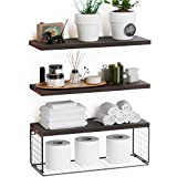 WOPITUES Floating Shelves Wall Mounted, Rustic Wood Bathroom Shelves Over Toilet with Paper Storage Basket, Farmhouse Floating Shelf for Wall Decor, Bedroom, Living Room, Kitchen, Plants, BooksBrown
