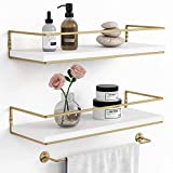 Forbena Bathroom Floating Shelves Wall Mounted Over Toilet White, Set of 2, Modern Wood Storage Wall Shelves with Gold Towel Bar, Decor Wall Shelf for Kids Bedroom Nursery Kitchen Books (White)