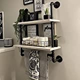 Industrial Pipe Shelving Bathroom Pipe Shelves with Towel Bar,2 Tier 24 inch Retro White Rustic Farmhouse Pipe Industrial Wall Shelves Bathroom Shelves Over Toilet for Storage ROGMARS