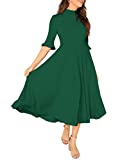 Verdusa Women's Elegant Ribbed Knit Bell Sleeve Fit and Flare Midi Dress Green XL