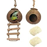 Hamiledyi Gecko Coco Den 2 pcs,NaturalReptile Hideouts Mini Condo for Lizards, Coconut Texture Provide Food for Pets, Raw Coconut Husk Hide with Ladder, Durable Cave Habitat with Hanging Loop