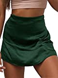 LYANER Women's Casual Satin Silk High Waist Zipper Mini Short Skirt Solid Dark Green Medium