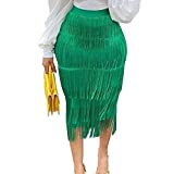 AOMEI Women's Spring Green High Waist Fringe Tiered Bodycon Pencil Midi Skirt M
