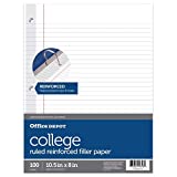 Office Depot Brand Reinforced Filler Paper, 8" x 10 1/2", 16 Lb, College Ruled, White, Pack of 100