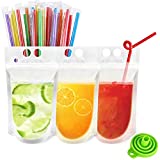 100Pcs Reusable Drink Pouches Clear Drink Bags with Disposable Plastic Straws Smoothie Bags Juice Bags Reclosable Double Zipper Handheld Translucent Stand-up Frozen Drink Pouches for Adults