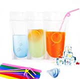 100pcs Zipper Stand-Up Drink Pouches Bags Heavy Duty Hand-Held Translucent Heat-Proof Bag with 100 Drink Straws by TOPHOUSE